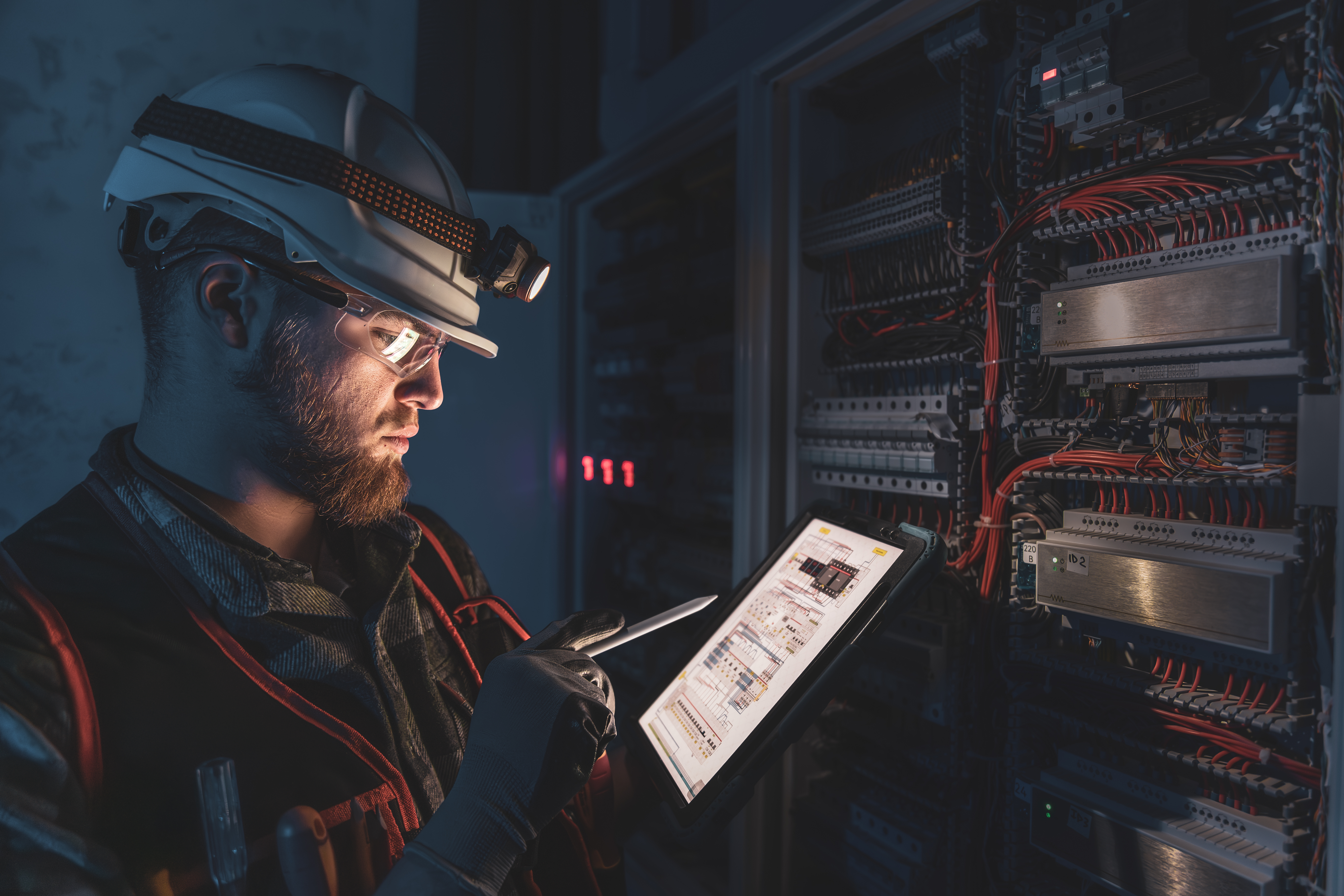 Elektro BRÖLLOS Mitarbeiter prüft die Elektroinstallation nach Stromausfall mit Stirnlampe im Dunklen