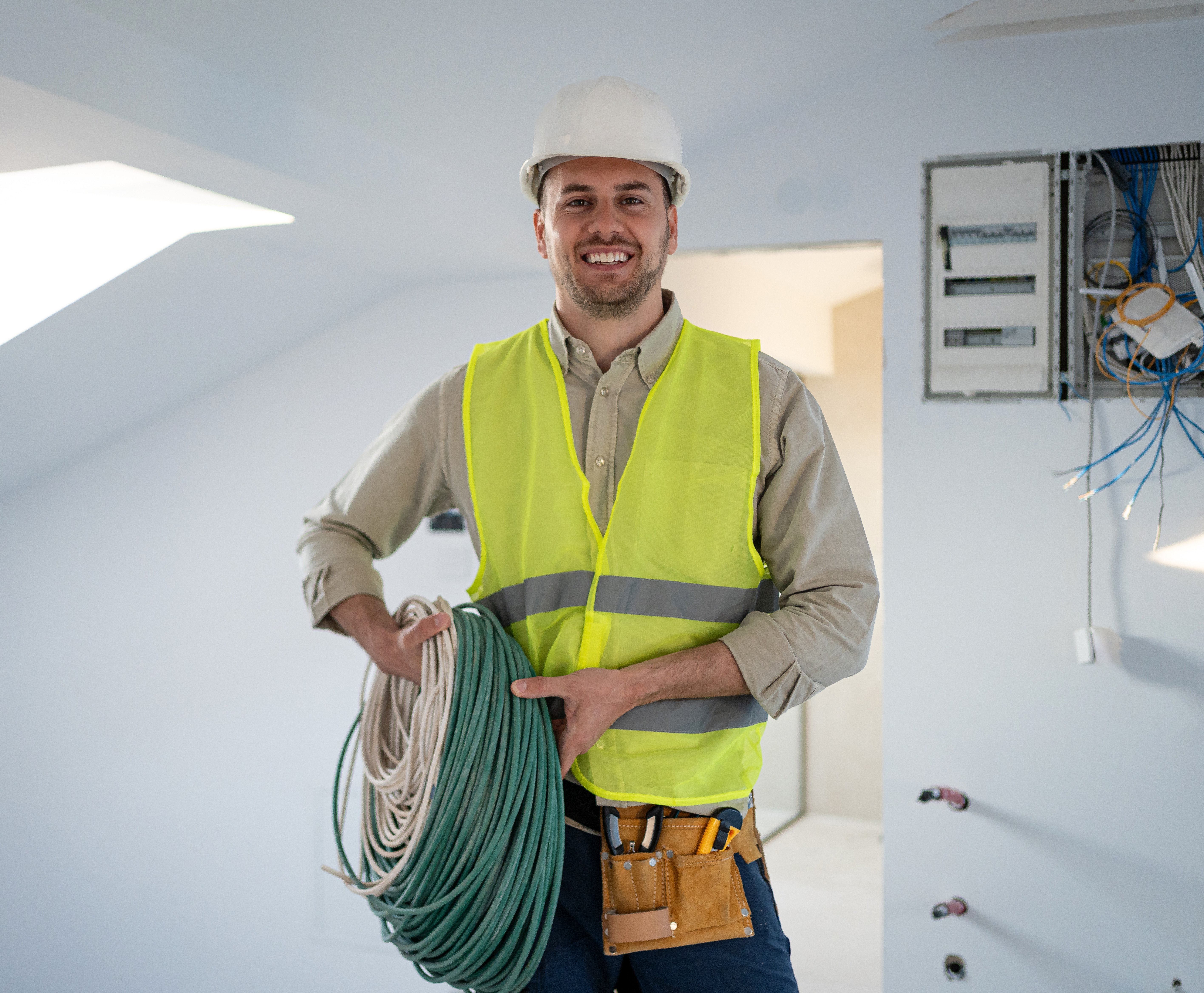 Elektriker im Rohbau hält Elektrokabel für Installation bereit