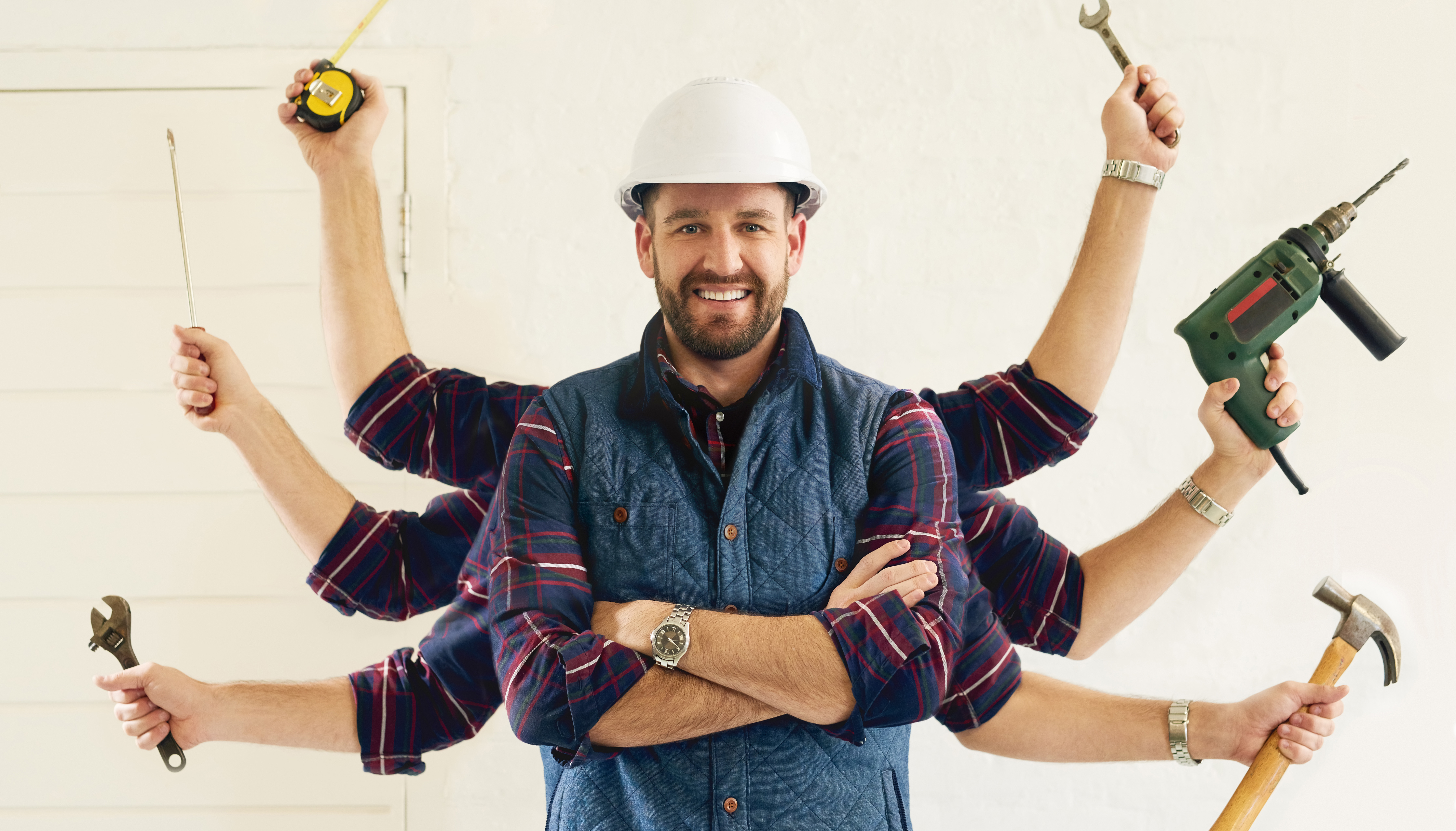 Illustration eines Handwerkers mit vielen Armen und Werkzeugen