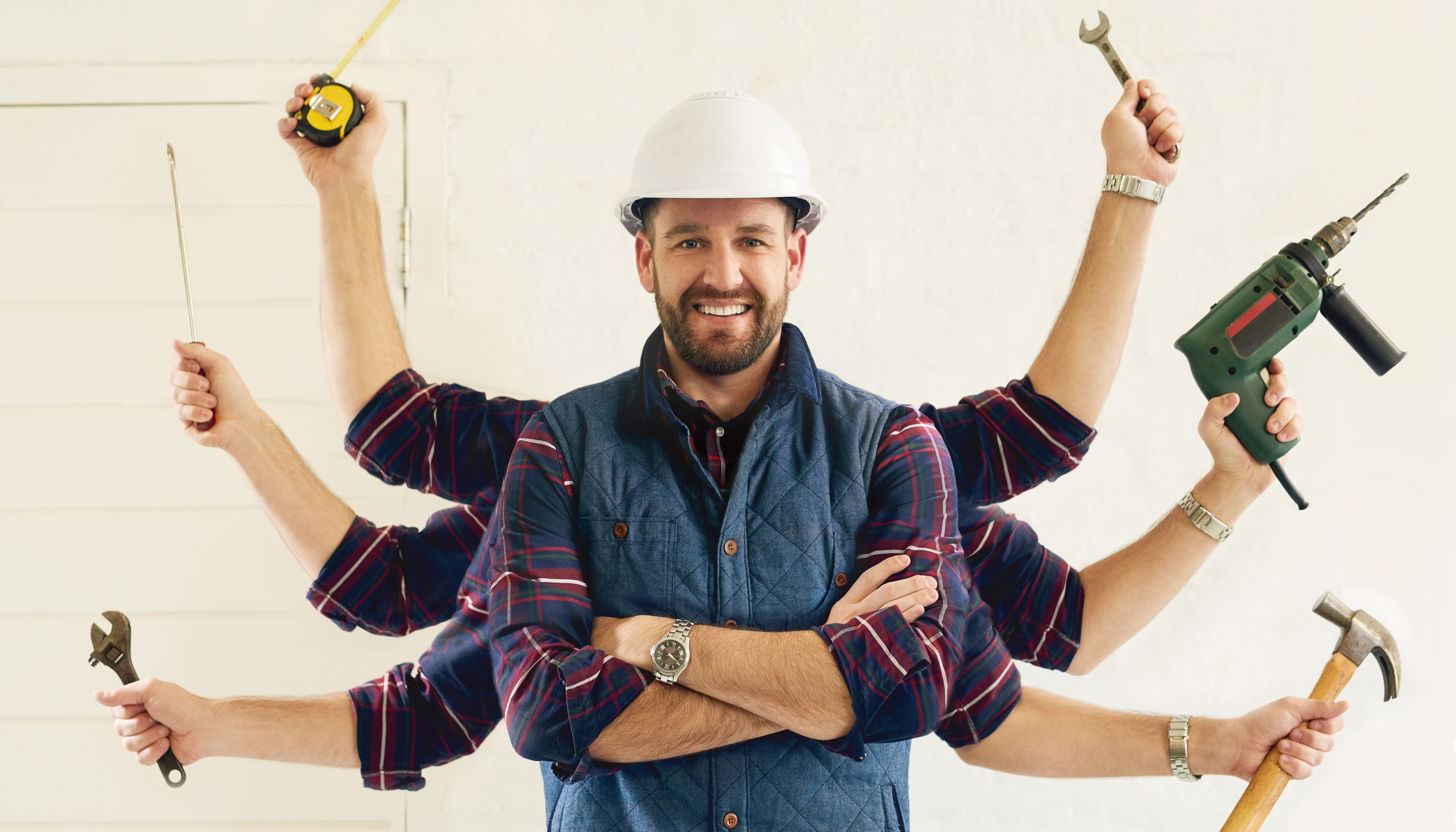 Illustration eines Handwerkers mit vielen Armen und Werkzeugen
